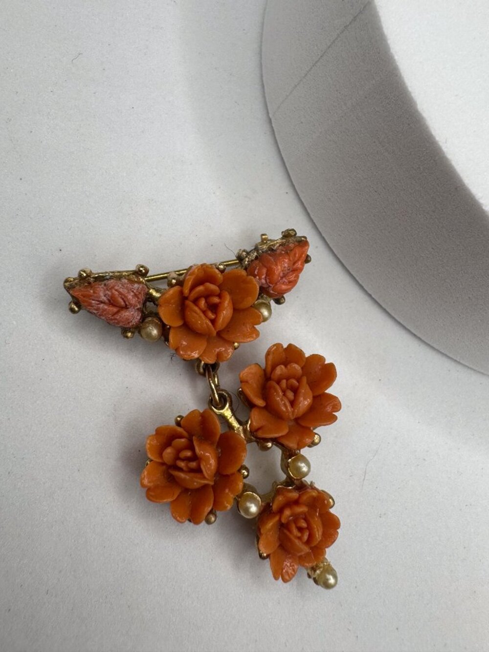 Vintage Faux Coral Rose Dangle Brooch Gold Tone Faux Pearl Floral Pin